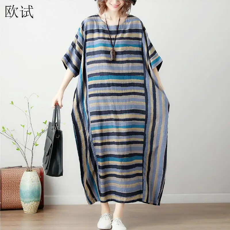 Женское Полосатое платье макси размера плюс 4XL 5XL 6XL 7XL 2020 длинные платья из хлопка