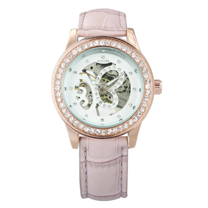 PINK WHITE Победитель официальный бренд роскошные элегантные женские часы Бабочка Скелет циферблат Кристалл Iced Out дизайн механические Женские наручные часы - Цвет: PINK WHITE