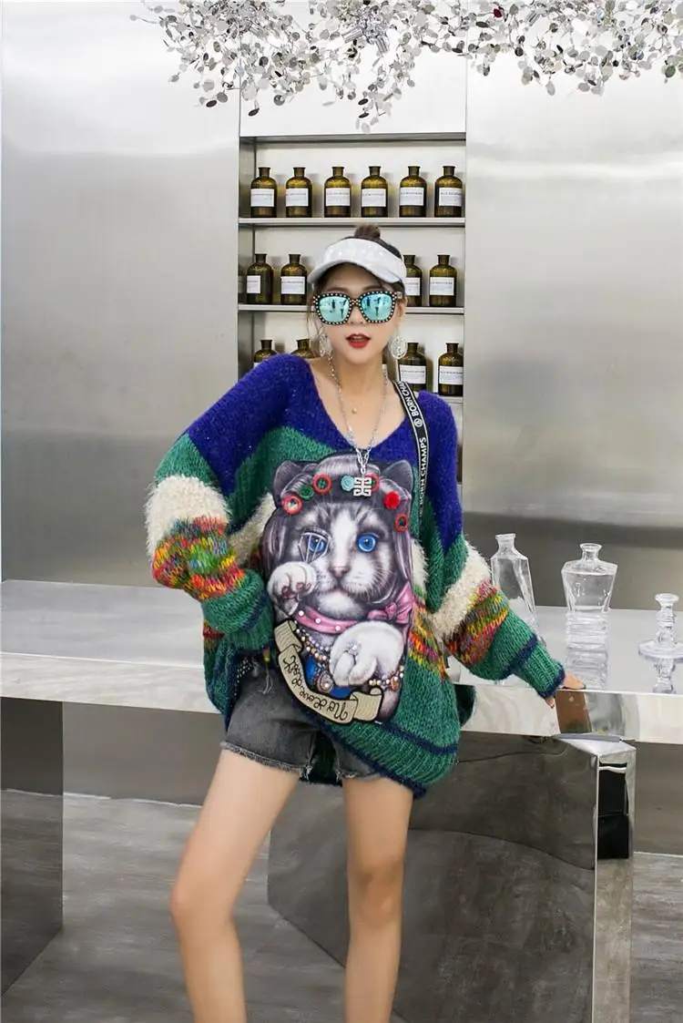 Harajuku свитер с рисунком кота из мультфильма Женский Повседневный пуловер с длинным рукавом большого размера модный вязаный свитер с блестками