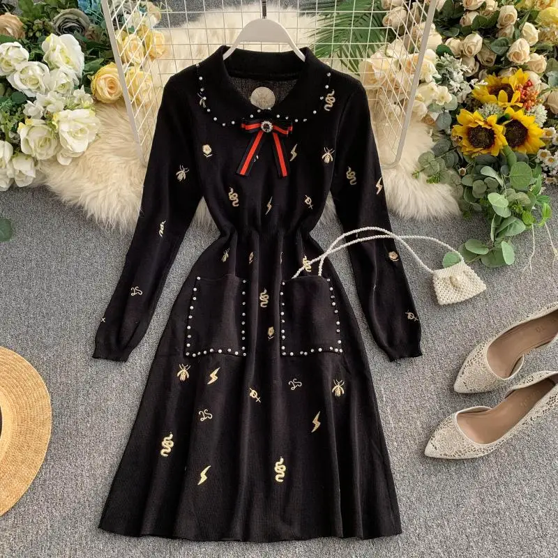 ALPHALMODA трикотажное платье поло г. Осеннее Новое винтажное платье с длинными рукавами для девочек с вышивкой и бисером