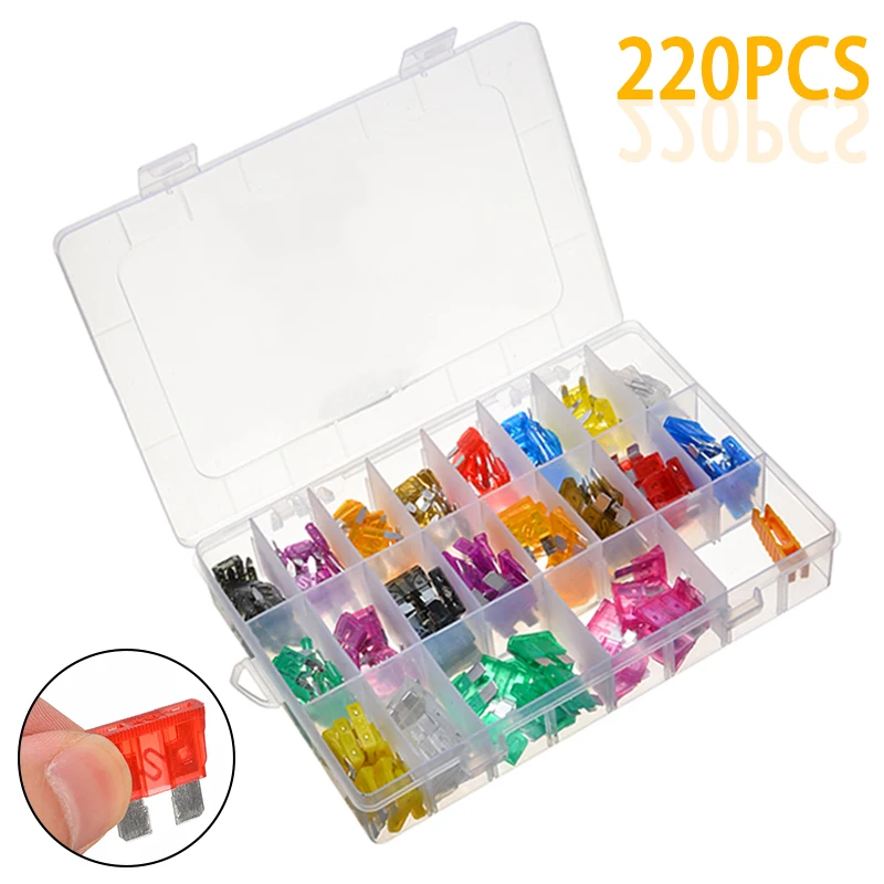 

220pcs Multi Color Mini And Standard Blade Fuse Assortment Parts Kit With Box Extractor For APM ATM Auto Car Truck Fuse
