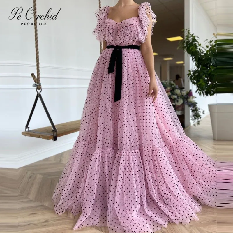 

PEORCHID 2021 Chic Black Pink A Line Prom Dresses Tulle Simple Cap Sleeves Long Formal Party Dresses For Women Robe De Soiree