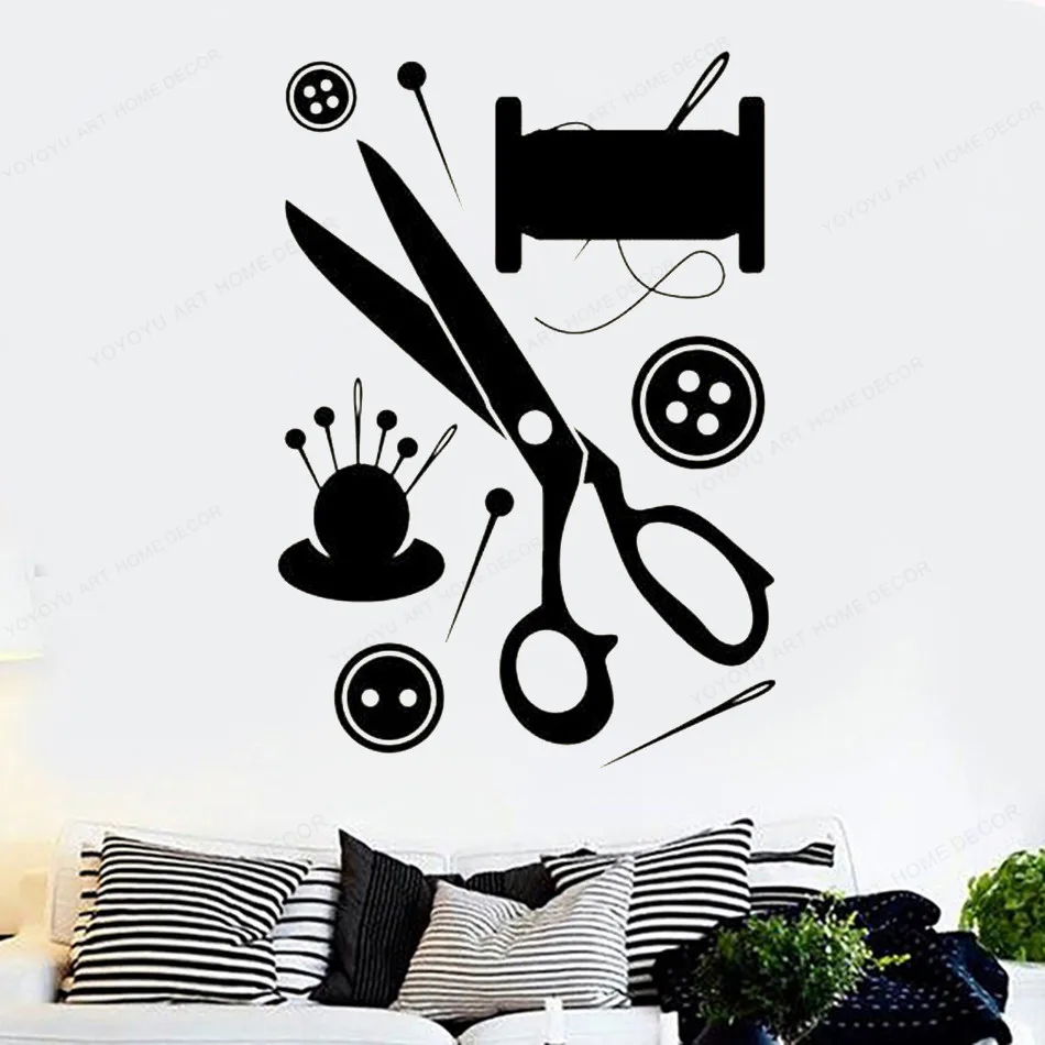 Sewing Atelier Vinyl Wall sticker Scissors Button Needle Threads wall decal sewing studio window decoration JH331 | Дом и сад