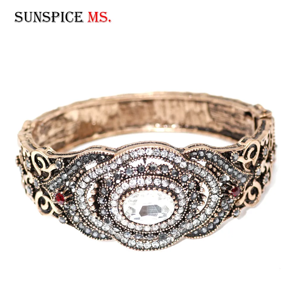 SUNSPICE MS, турецкий Серый Кристалл, браслеты для женщин, античный золотой цвет, цветок, Браслет-манжета, Богемия, этнический очаровательный, на запястье, ювелирное изделие