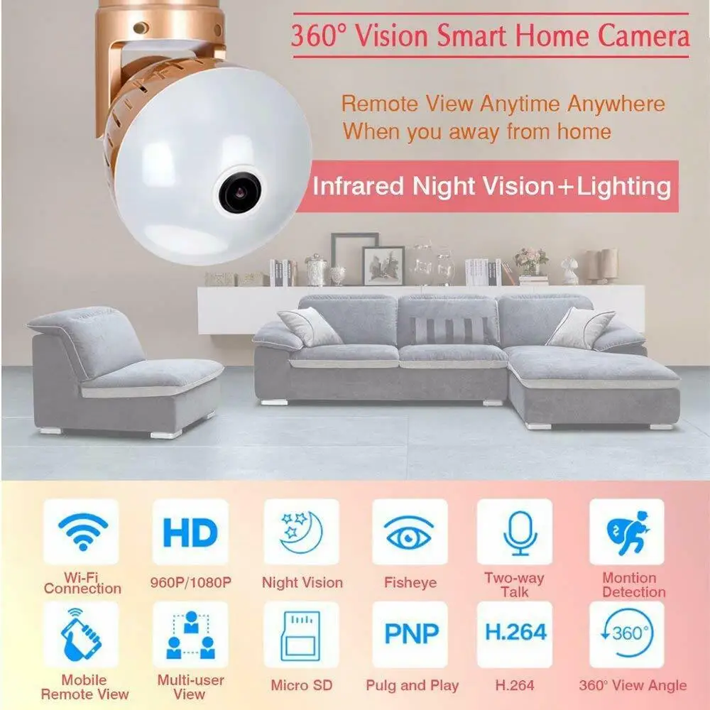 1080P 2MP панорамная лампа инфракрасный и белый светильник Беспроводная ip-камера Wi-Fi рыбий глаз мини-лампа Wifi Cam CCTV домашняя камера безопасности
