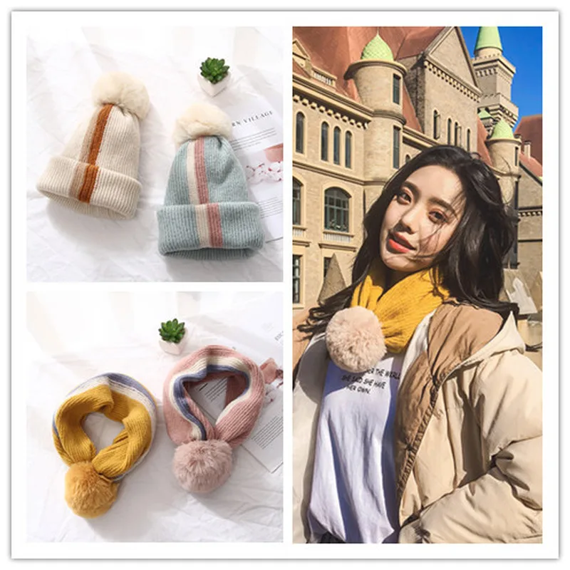

Knitted hat with hair ball dual-use Japanese autumn and winter new wool hat female student dual-use neck warm thick solid color