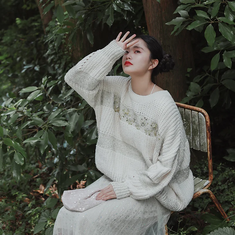 

fall2019Women Autumn Casual Ultra Loose Modis Lazy Style Oversized Shiny Silver Handmade Beading Pullover Short Knitted Sweaters