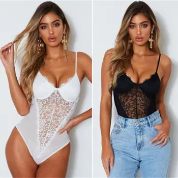 

Womens Sexy Lace Bodysuit Sleeveless Lingerie V Neck Stretchy Backless Jumpsuit