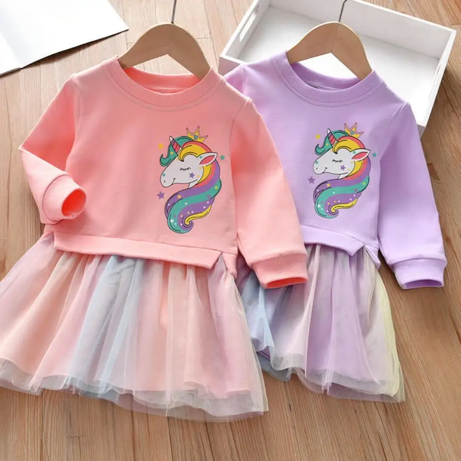 Girls Dress Girl Clothing Autumn Cartoon Unicorn Printed Long-sleeved Shirt Stitching Rainbow Mesh Princess Dress for 2 3 4 5 6 Years girls dress princess costume kids clothes