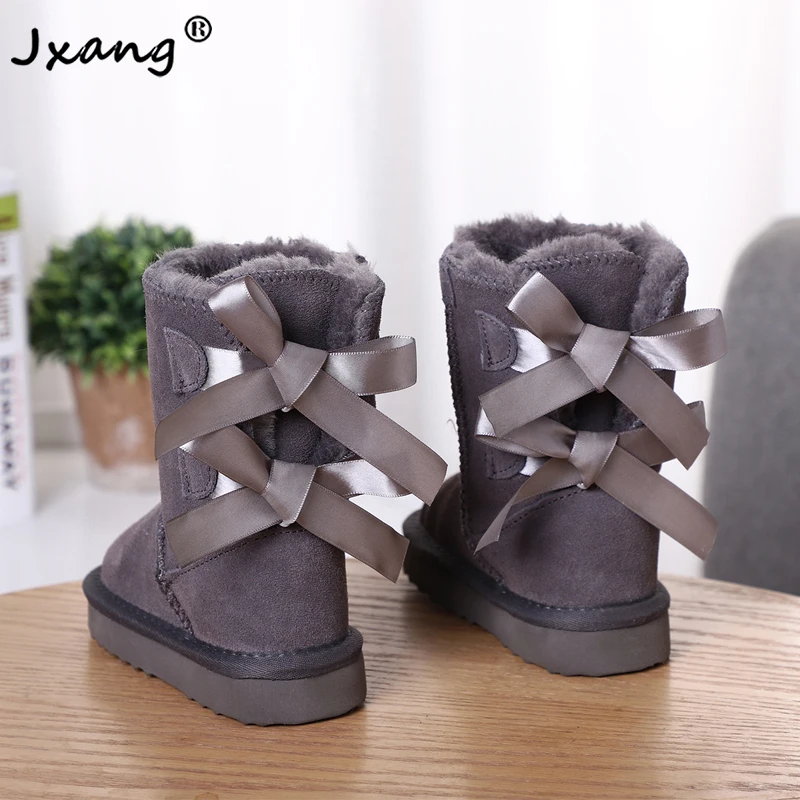 

JXANG 2020 New Fashion High Quality Children Winter Genuine Leather Boots girls boys Bow-knot Shoes Kids Cute Pretty Snow Boots