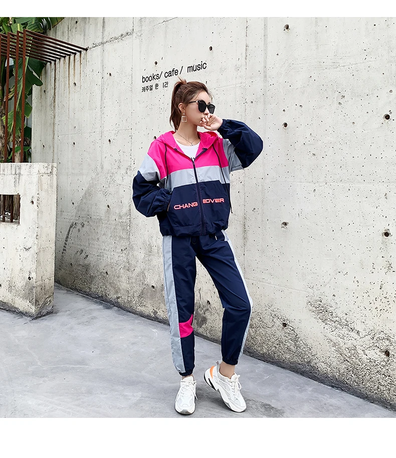 Tanie Nowy dres z kapturem zestawy dwuczęściowe damskie stroje 3 kolorowy patchwork vogue spodnie damskie garnitur ubrania casualowy dres 2019