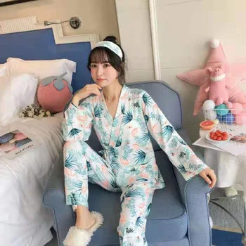 

2 Pcs Women Sleepwear Autumn Loose Plus Size Pajamas Set Leaves Print Long Sleeve Pajamas For Women V-neck Elegant Home Suit