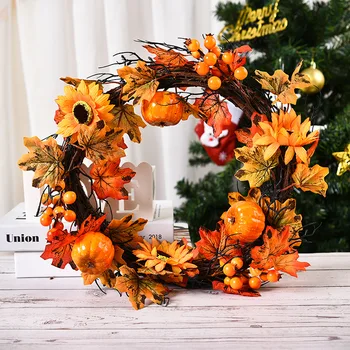 

Autumn Theme Door Wreath Artificial Pumpkin Berries Pine Cone Manmade Garland Cloth Rattan Material Home Decoration Suppli
