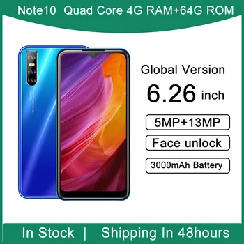 

Note10 pro 4G RAM 64G ROM MTK6580 Quad core mobile phones Android13MP face ID 6.26" waterdrop screen Global version smartphones