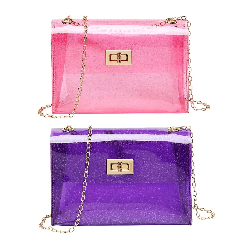 

BEAU-2 Pcs Jelly Bag Shiny Candy Color Crossbody Handbag Girl Favorite Party Bag Messenger Shoulder Beach Bag - Purple & Pink