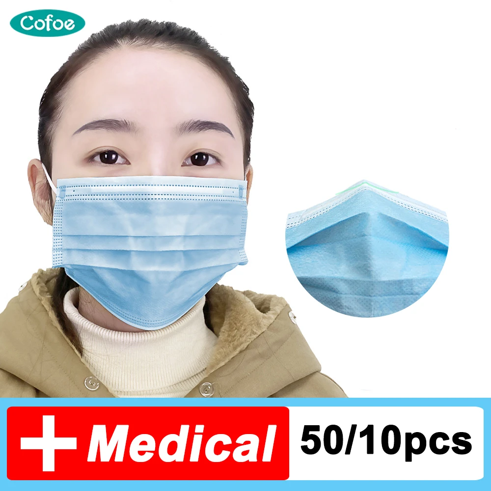 

Cofoe 50/100pcs Medical Face Mask Disposable 3 Layer Filter ffp3 face masks Non-woven Anti Pollution Anti-Dust Masks Unisex