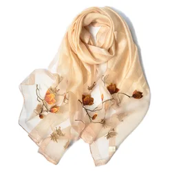 Womens Long Silk Scarf Embroidery Plaid Spring Winter Pashmina Wrap Elegant Ladies Shawls Fashion Scarves