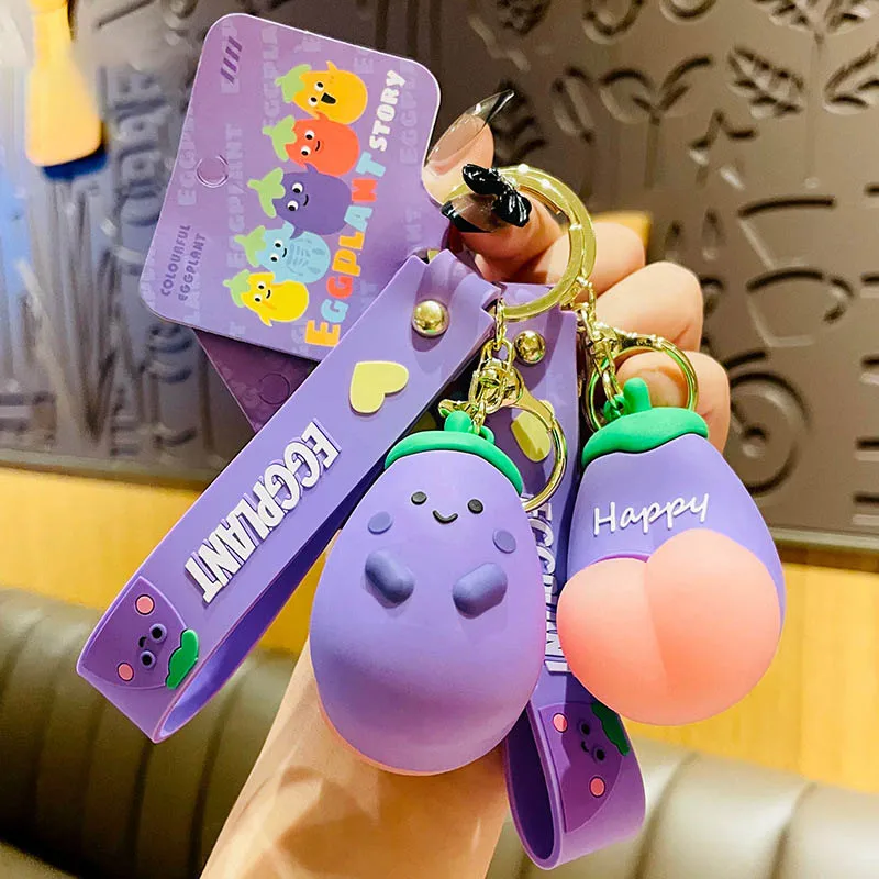 Cute Purple Eggplant baby keychain decompression Pinch butt creative pendant Car key chains Women bag jewelry keyring | Украшения и