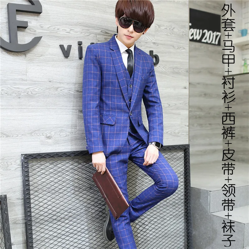 

Suit Spring And Autumn Men Plaid Slim Fit Korean-style Suit Full Set a Best Man Marriage Formal Dress Business Formal Wear