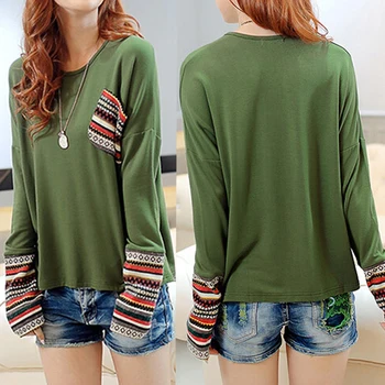

T-shirt Women Autumn Winter Basic Tops Long Sleeve Round Neck Ethnic Plaid Checked Loose Tee Shirt Retro Oversized Tops Camiseta