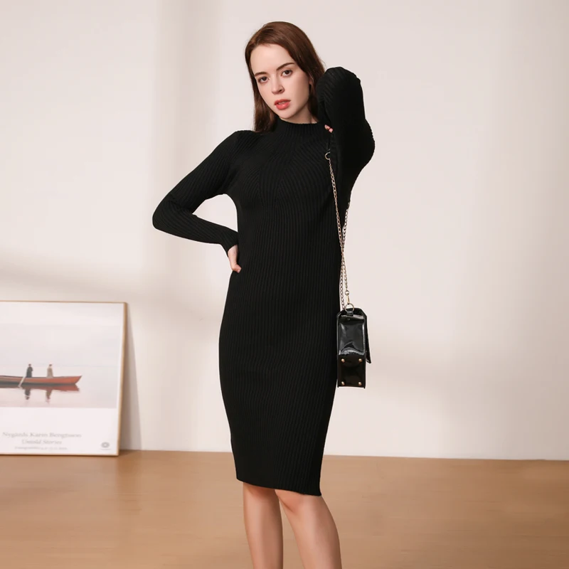 Midi Dress Winter Knitted Sweater Casual Women's Dresses Ladies Clothing Clothes Korean Fashion Robe Elegant Black Tight