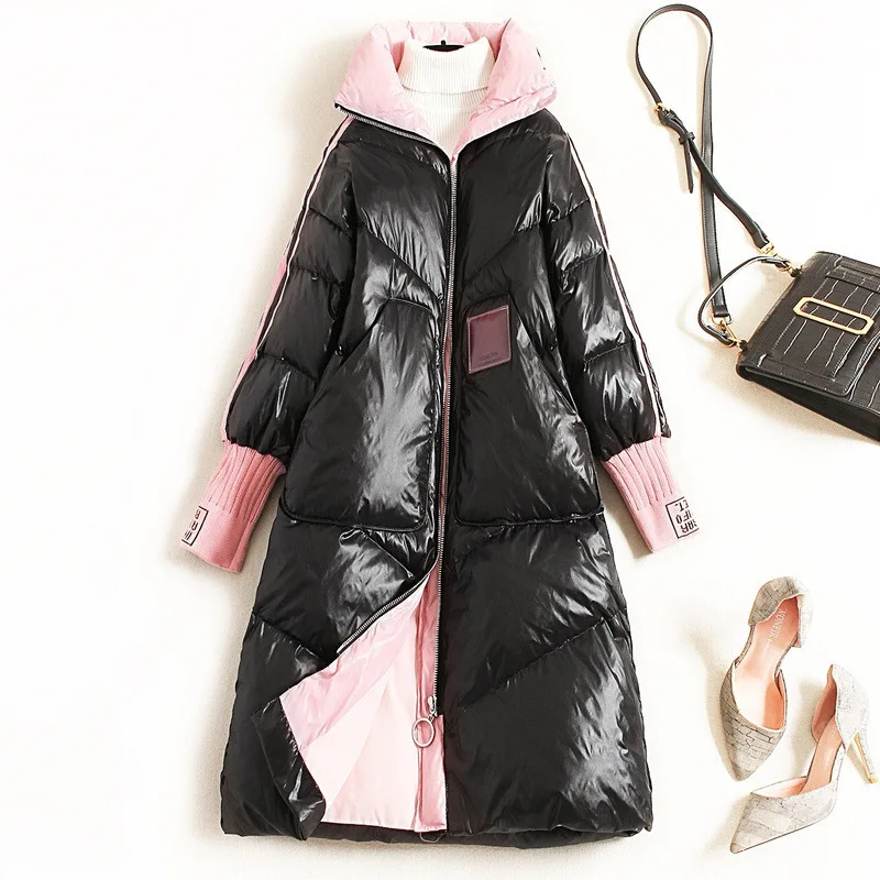 

2019 Winter Fashion Casual Loose Plus Size Bright Cloth Stitching Constrast Color Down Jacket Women Hooded Long WarmCoat Parka