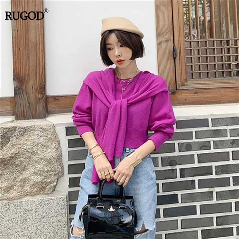 

RUGOD O-neck Solid Long Sleeve Basic Sweater Pullover Knitted Sweater With Shawl Casual Lady 2019