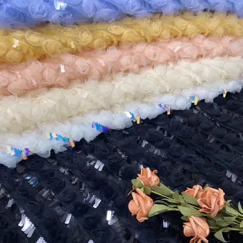 

(5yards/pc) Fashion 3D flowers appliqued French net lace fabric with long sequins latest African wedding lace for dress FZZ896