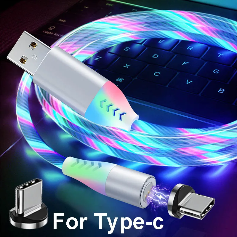 5A Быстрая зарядка Micro USB кабель type C Магнитный течёт светильник светодиодный зарядный кабель 1 м магнит зарядное устройство ЦВЕТНОЙ кабель - Цвет: Colorful for Type-c