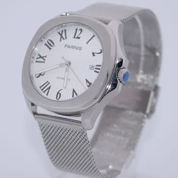 

Sapphire glass Parnis 40mm white dial roman numerals square case stainless mesh bracelet miyota automatic movement men's watch