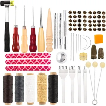 

LMDZ Leather Sewing Repair Working Tools kit Waxed Thread Cord Punch Snaps and Rivets Kit Sewing Needles Awl for Leather Repair