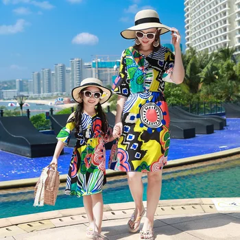 

Mother Daughter Beach dresses Summer Fashion Print Family Matching clothing plus size Mother and daughter clothes