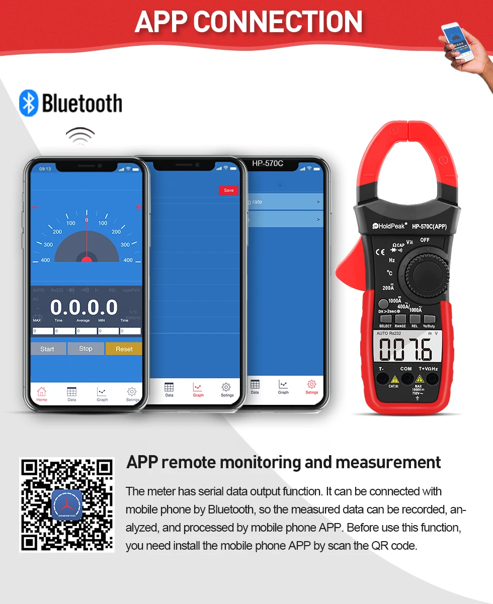 HoldPeak Digital Clamp Meter HP-570C-APP 1000A AC/DC Current Voltage Capacitance Temperature Multimeter Connect to Phone Tester