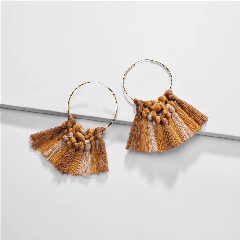 Brown BOHO богемные красочные бахромой кисточкой серьги медной проволоки обручи для женщин - Окраска металла: Brown