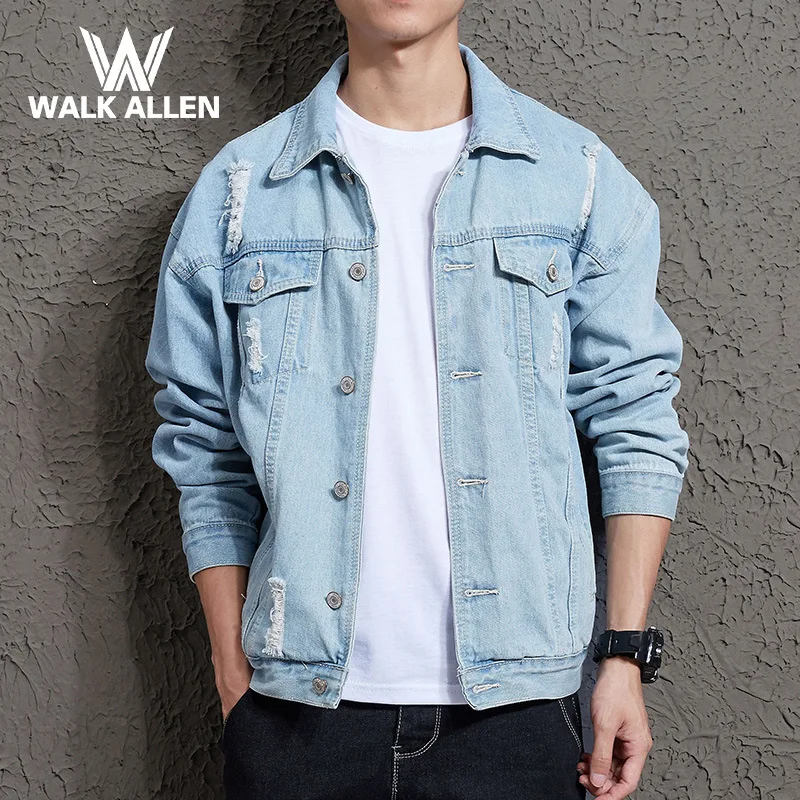 

Spring MEN'S Denim Coat with Holes Korean-style Trend Handsome Couple Clothes Jacket Japanese-style Loose-Fit Students Cowboy Cl