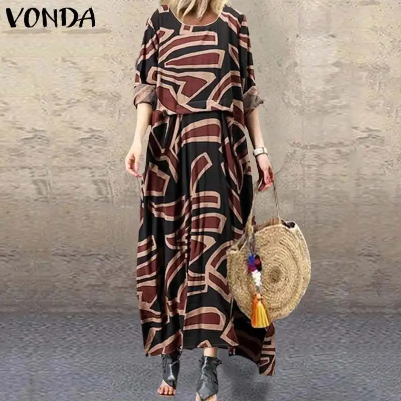

VONDA Women Print Maxi Long Dress 2020 Spring Vintage Long Sleeve Party Dress Plus Size Bohemian Vestidos Casual Robe S-5XL
