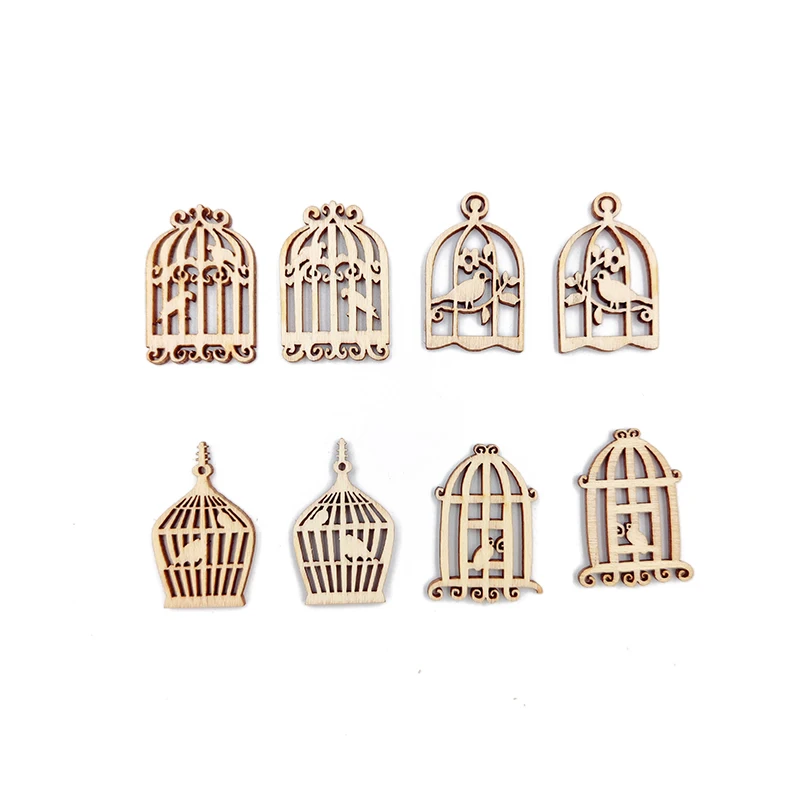 Madeira Bird Cage Forma Enfeite Ornamento, Fatias de madeira inacabadas, Decoração do partido bonito, DIY Craft Supplies, 20Pcs