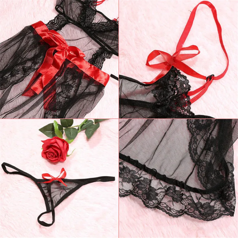 Черный Lace кружевное сексуальное женское белье черного цвета сексуальное горячее эротическое платье+ стринги комплект с короткой ночной рубашкой сексуальное нижнее белье плюс размер XXXL XXL XL M - Цвет: Черный
