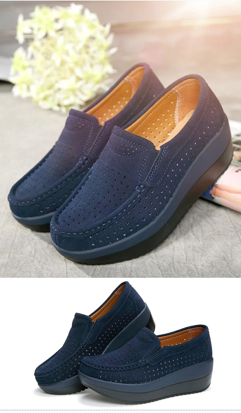 563ji Women Flat Platform Loafers Ladies Elegant Suede Leather Moccasins Shoes Woman Slip On Moccasin Women's blue Casual Shoes