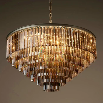 

American Retro Glass Tube Chandelier Lamp LED Round Circular Foyer Living Sitting Room Crystal Hanging Light Fixture