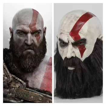 

Game God Of War 4 Kratos Mask With Beard Horror Latex Masks Realistic Headgear Cosplay Helmet Halloween Party Carnival Props