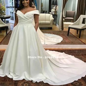

2020 Princesa Wedding Dress for Women Boat Neck Ivory Robe De Mariee Satin Bridal Chapel Train Vestido Novia Undefined Online