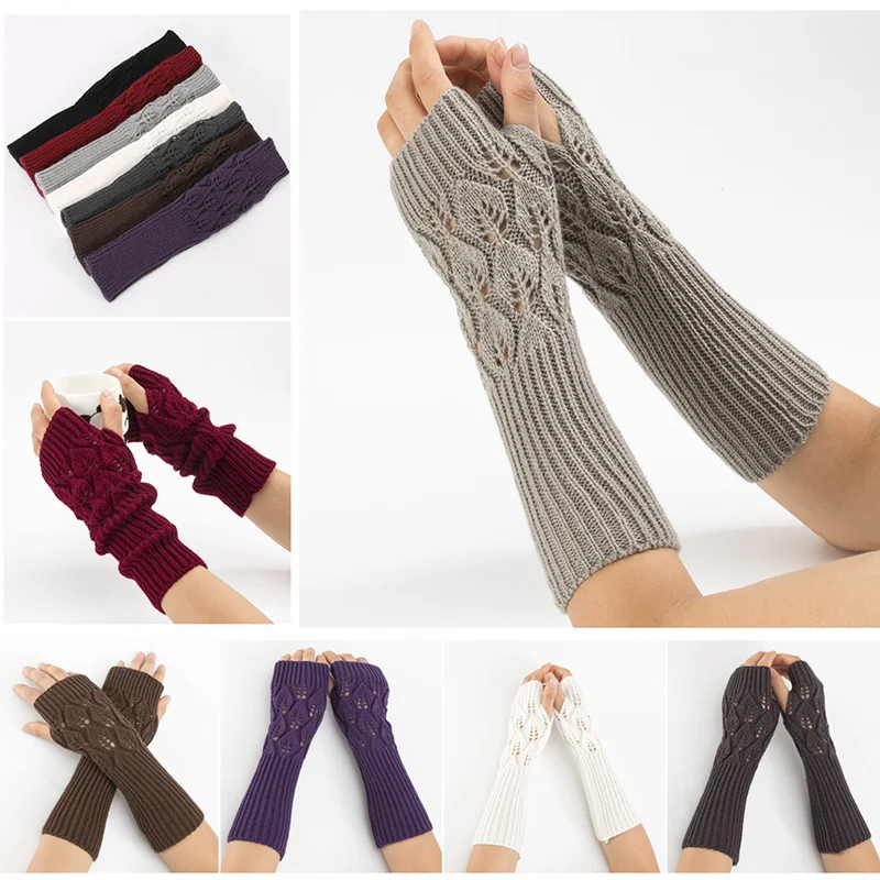 

Winter Women Long Sleeves Mittens Solid Soft Thicker Warm Acrylic Stretch Knit Half Finger Fingerless Arm Warmers Gloves C81