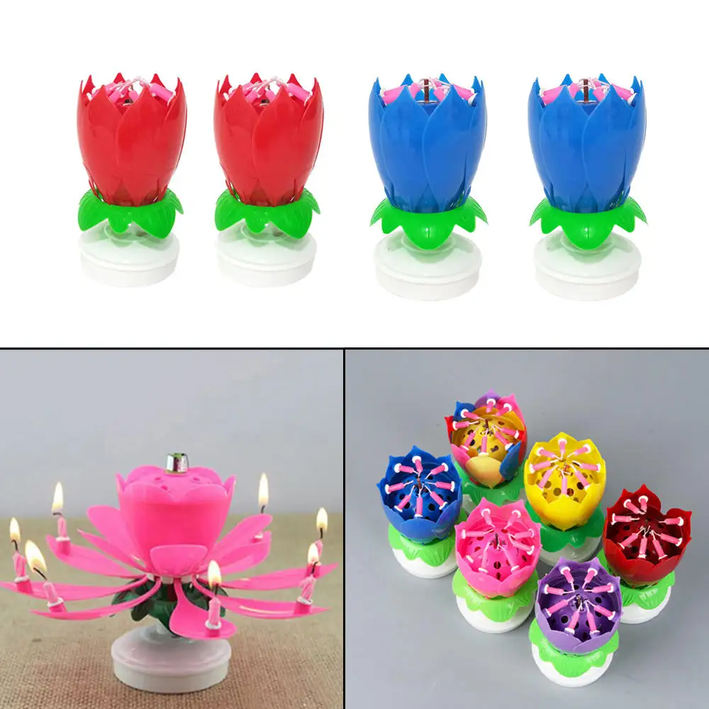 Magic Lotus Flower Candle Rotating Birthday Musical Lotus Flower Cake Candle US