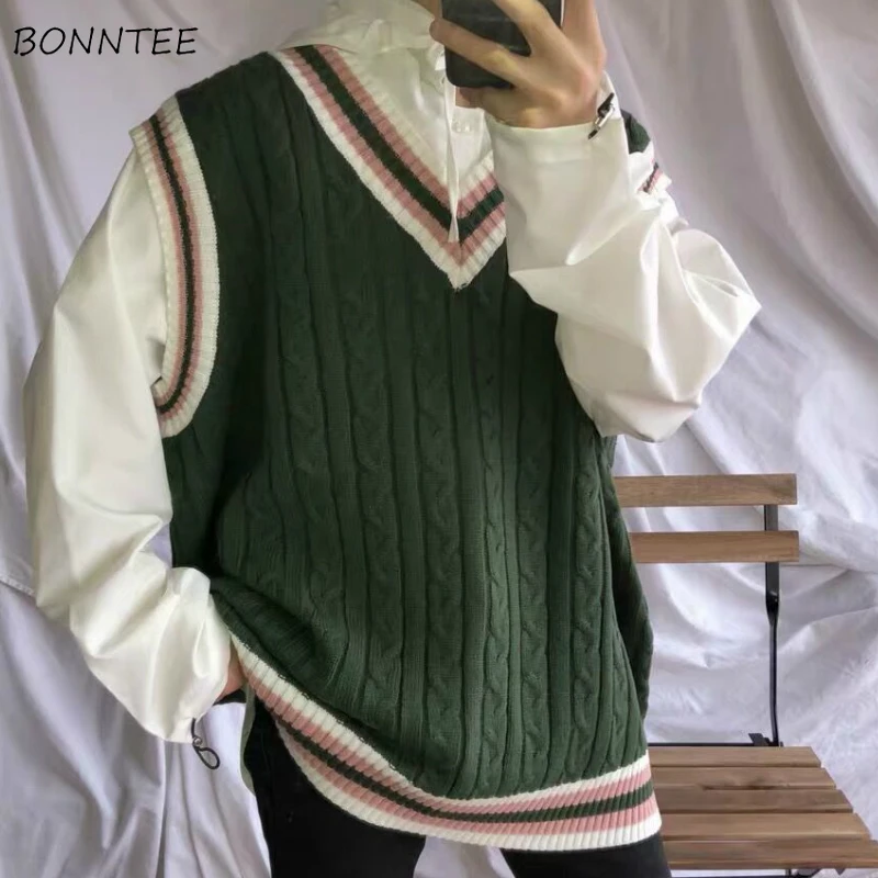 

Sweater Vest Men's Patchwork V-neck Multi-shoulder Chic Sleeveless Knit Top Men's Vest Loose Oversized Harajuku All-match