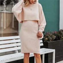 

2021 Women's Autumn New Dress Fashion Commuter Style Long-sleeved Round Neck Solid Color Straight Warm Knitted Two-piece Suit