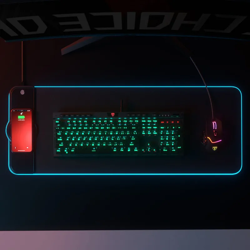 Photo Product LED Light Gaming Mouse Pad Large Keyboard Non-Slip Base Office Desk Mat PC Game Mouse Pad With 15W Wireless Charger for iPhone