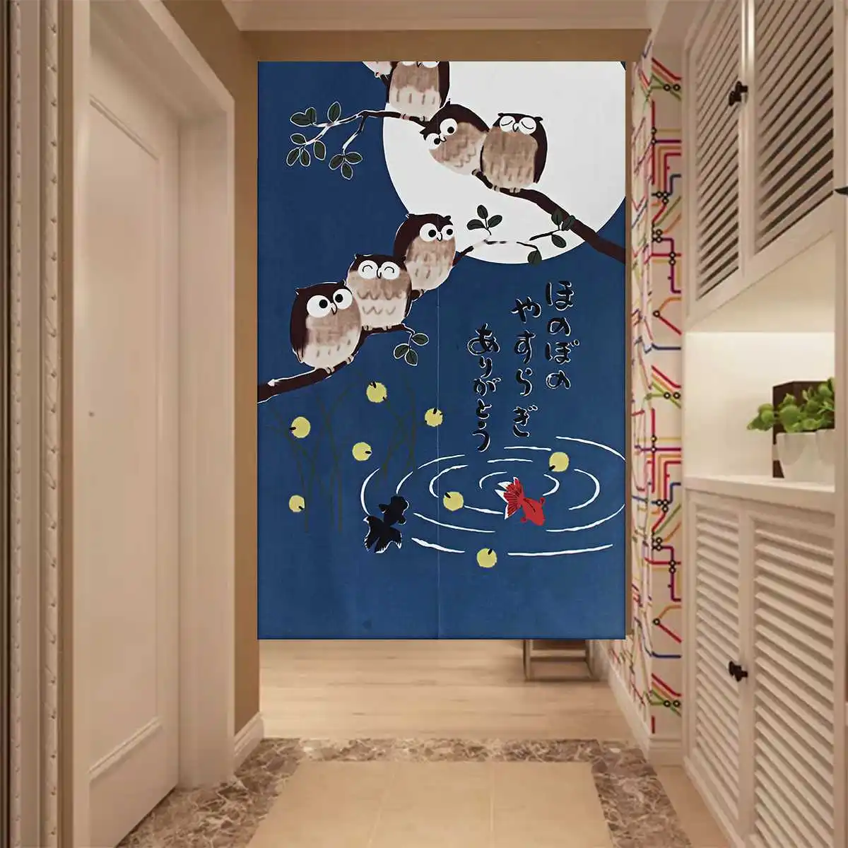 Японские Дверные Шторы совы на ветке для дома, столовой, с рисунком удачи, гобелен, домашний декор, разделитель для спальни, кухни