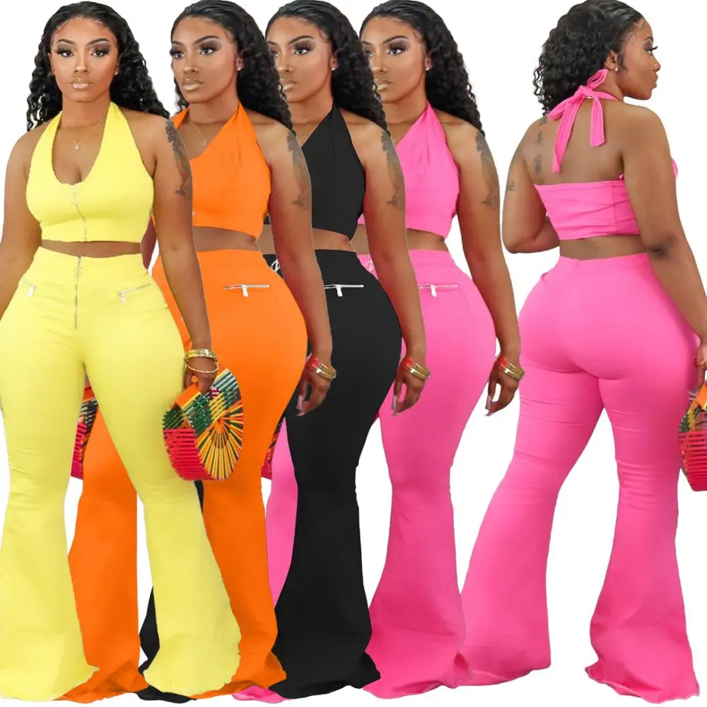 

2020 Summer Women Suit Hot Style Model Solid-color ZipperTank Top And Bell-bottoms European And American Fashion Two Piece Set