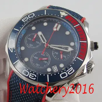 

41mm Quartz Men Watch Sapphire Sterile Chronograph Date Blue dial Rubber Strap